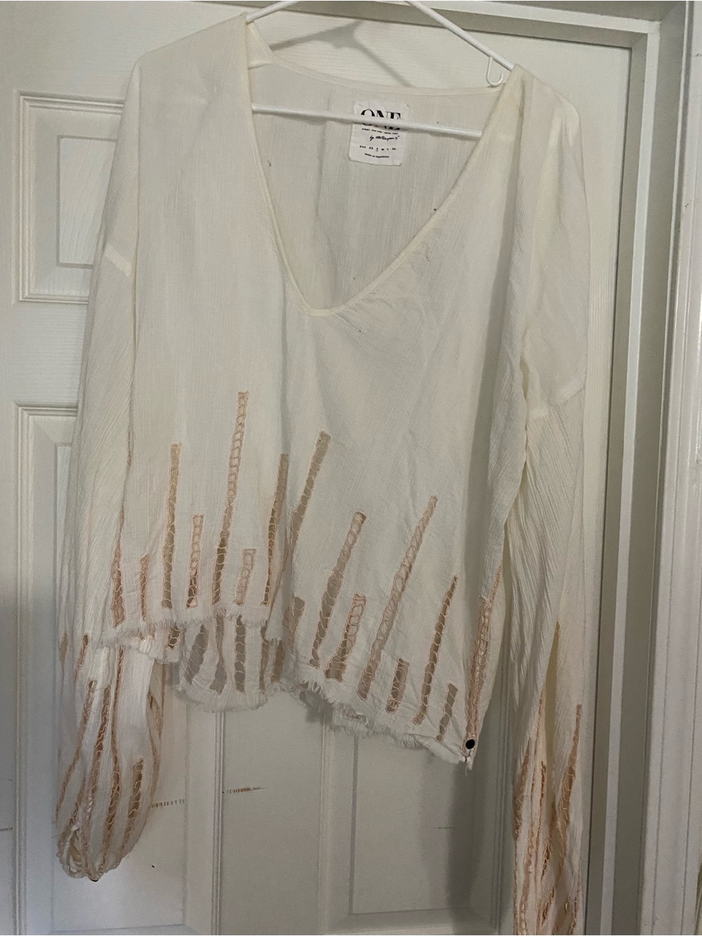 One Teaspoon White V-Neck Embroidered Tunic with Tan Accents